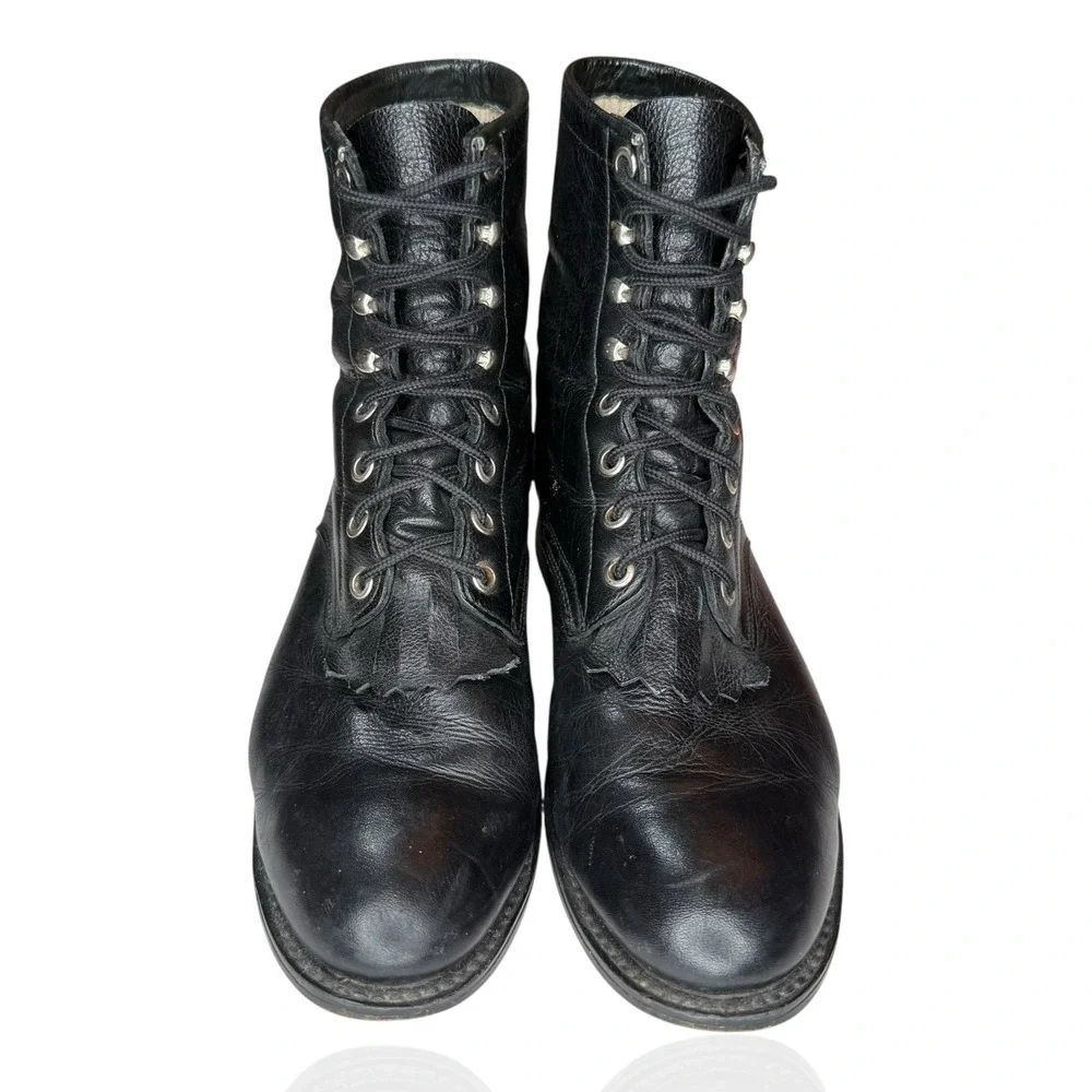 Vintage Justin Black Leather Roper Boots Mens‎ 5D Lace-Up Western Logger